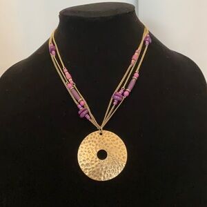 Purple Beaded Hammered Gold Tone Disk Pendant Necklace